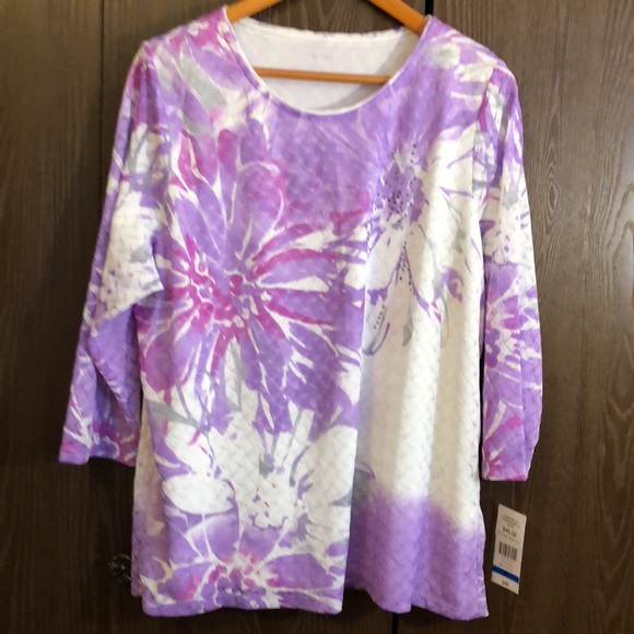 ALIA NWT XL 3/4 SLEEVE VIOLET/MAUVE/PINK/WHITE LACY SHEER TOP LINED CASUAL #040 - Picture 2 of 13
